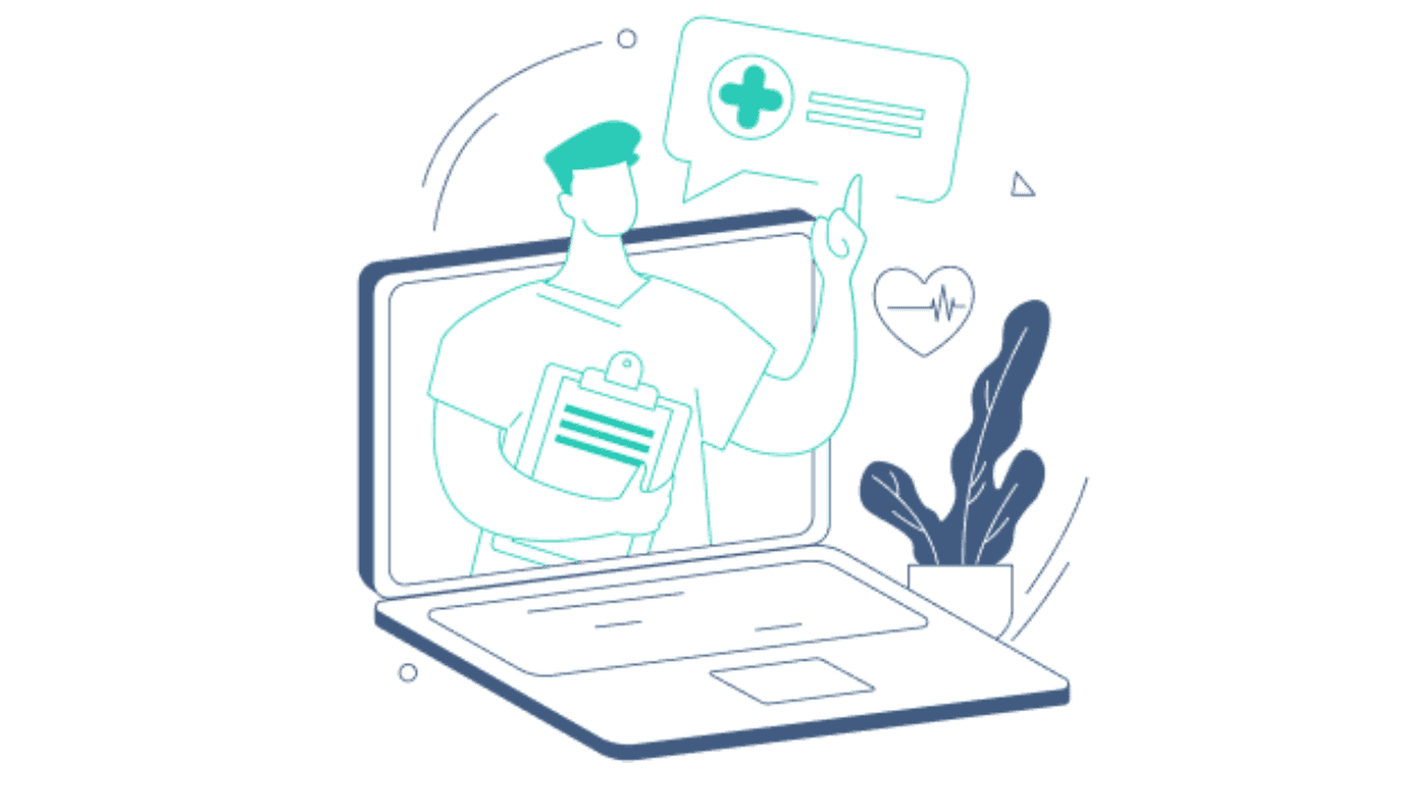 Digitales Gesundheitssystem mit Arzt und Laptop